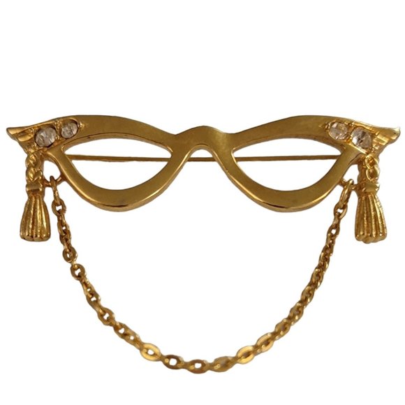 Avon Jewelry - Avon Gold Tone Cat Eye Glasses Clear Rhinestones Lenses Brooch Pin, Signed K947